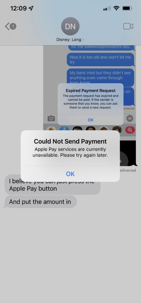 Corey is unable to pay Long Thanh Nguyen of Alameda California via Apple Pay due to a fraud alert attached to his account