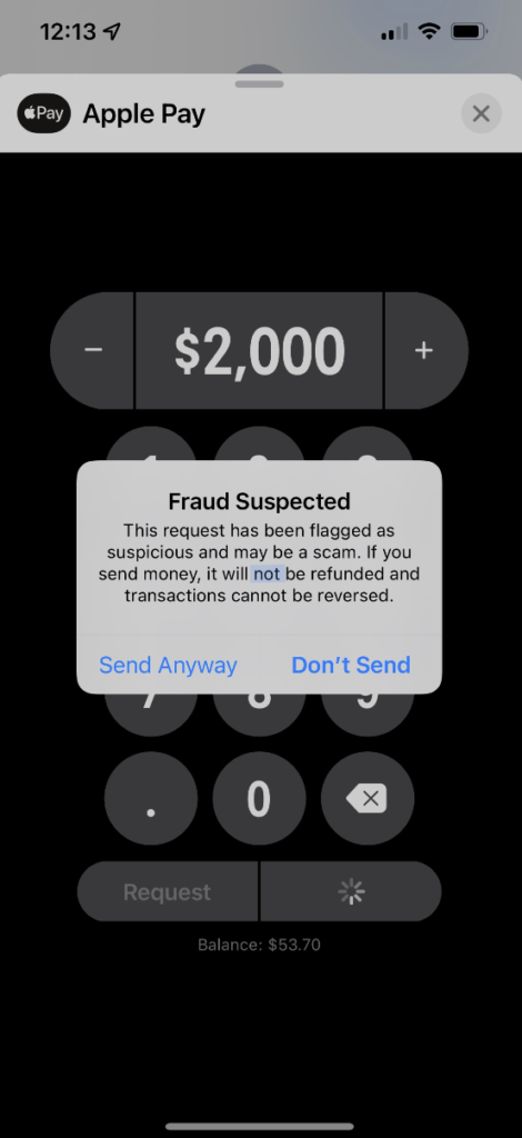 Corey is unable to pay Long Thanh Nguyen of Alameda California via Apple Pay due to a fraud alert attached to his account